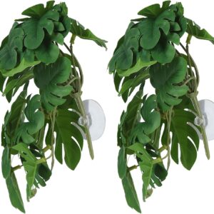 TKSE 2PCS Artificial Water Plant, Simulation Vine Aquarium Fake Leaves Lifelike Small Size Plastic Leaves Decoration with Suction Cup for Fish Tank(Turtle Leaf)