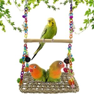 Vehomy Bird Seagrass Swing Toy with Wood Perch Bird Parrot Trapeze Swing Seagrass Bird Climbing Hammock Bird Perch Stand Chewing Toy for Lovebird, Cockatiel, Budgie, Conure Parrotlet, Parakeets