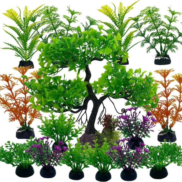 Vibury Artificial Aquarium Tree Plant Decoration Set, 16 Pieces Fake Aquatic Plants Artificial Fish Tank Plants