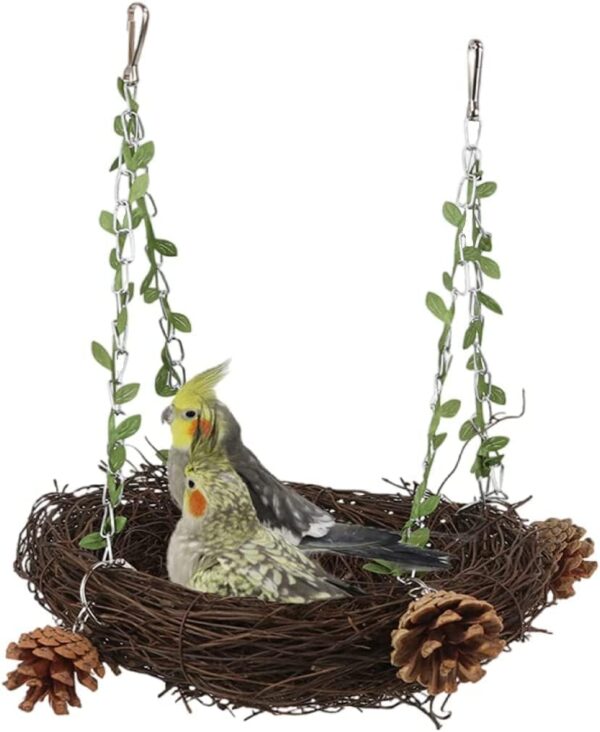 WACURRENTHYD Natural Rattan Nest Small Medium Large Bird Swing for Parrot Parakeet Cockatiel Conure Cockatoo Macaw Amazon African Grey Lovebird Finch Canary Budgie Cage Perch Toy (Small)