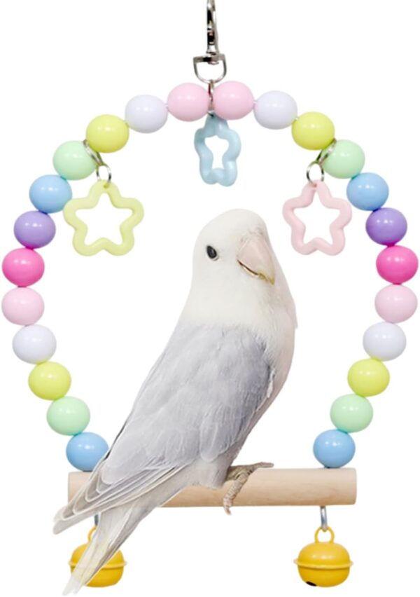 Wooden Bird Swing Perch Toys,Multi-color Parrot Swing Hanging Standing Toy,Wood Bird Cage Toys with Swing Bell,Parrot Cage Perch Hanging Swing for Parakeets Budgie Bird (Colour)