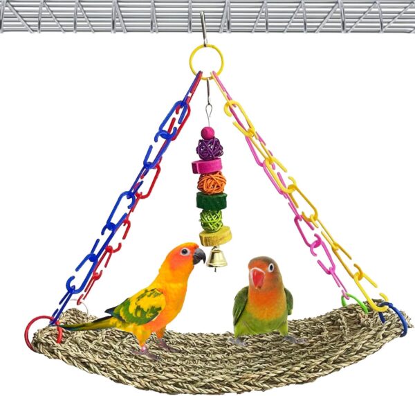 kathson Bird Seagrass Mat,Birds Swing Toy,Natural Grass Handmade Woven Hammock Hanging Parrot Lounger with Colour Toys for Lovebird,Cockatiel,Canary,Parakeets,Finch,Budgie (2 Pcs)