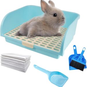 kathson Large Rabbit Litter Box, Pets Toilet Potty Trainer Tray Corner Small Animals Litter Bedding Box Bigger Pet Pan with Grass Mats for Adult Guinea Pig/Chinchilla/Ferret/Rabbit (Blue)