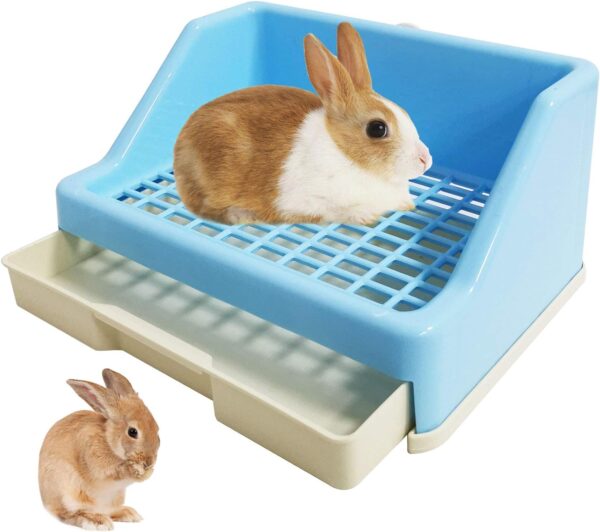 kathson Rabbit Litter Box Trainer Small Animal Potty Corner Toilet with Drawer Pet Cage Pan Litter Bedding Box for Guinea Pig Hamster Bunny Ferret Galesaur Mouse Squirrel (Blue)