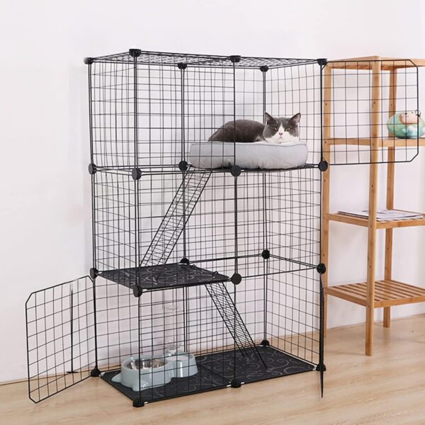 MYOYAY 3 Tier Pet Playpen DIY Small Animal Cage Guinea Pig Rabbits Hamster Bunny Puppy Cat Metal Exercise Fence Enclosure Run Cage Metal with 3 Doors 2 Ladders 24 Panels Black 109 x 75 x 39 cm