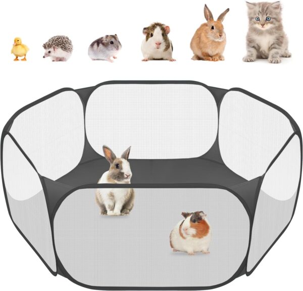 Small Animals C&C Cage Tent, Breathable & Transparent Pet Playpen Pop Open Outdoor/Indoor Exercise Fence, Portable Yard Fence for Guinea Pig, Rabbits, Hamster, Chinchillas and Hedgehogs (Black)