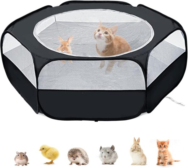 XIRGS Small Animal Playpen, Waterproof Small Pet Cage Tent Portable Outdoor Exercise Yard Fence with Top Cover Anti Escape Fence for Hamster/Kitten/Cat/Rabbit/Guinea Pig/Puppy/Chinchilla (U Black)