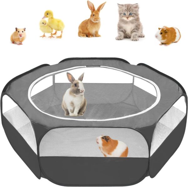 Amakunft Guinea Pig Playpen with Cover, Hamster Playpen with Top, Rabbit Pop Up Playpen with Roof, Small Animal Play Pen Indoor, for Ferret/Chinchilla/Bearded Dragon/Rat/Kitten (Black)