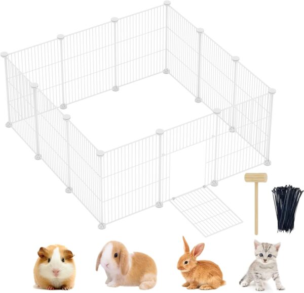 Lxvckly Pet Playpen, Small Animals Playpen with Door, DIY Encrypted Metal Wire Rabbit Fence, Guinea Pigs Cages, Kitten Playpen, Indoor & Outdoor Yard Fence for Small Animals 12 Pcs Panels White