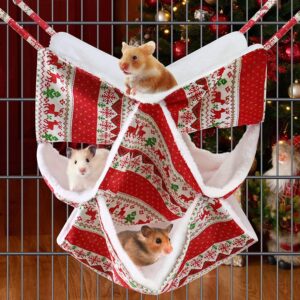 3-Layer Christmas Hamster Hammock House Mouse Rat Winter Hanging House Small Animal Beds Elk Snowflake Pattern Swing Warm Bedding Pet Cage Tent Nest for Chinchilla Hamster Playing Sleeping