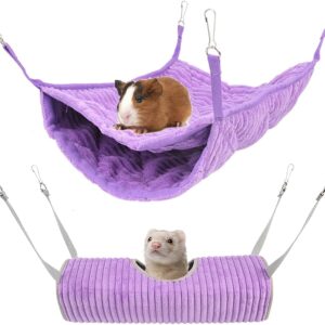 Small Animal Hammock, Ferret Hammock Bed, Hammock and Tunnel Cage Suit for Rat,Hamster, Squirrel, Sugar Glider, Guinea Pigs Ferret Accessories,Hanging Hideout Tunnel Tube Toy for Cage (Purple)