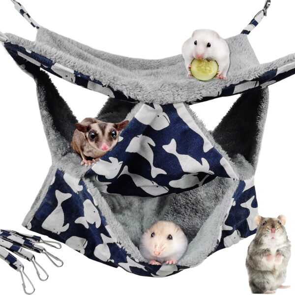 Pet Cage Hammock, 3-Layer Hamster Hanging Bed Plush Sugar Glider Cage Chinchilla Swing Nest Guinea Pig Nap Sack Warm Ferrets Hideout Accessories Toy for Small Animals Rat Rabbit Squirrel (M-Whale)