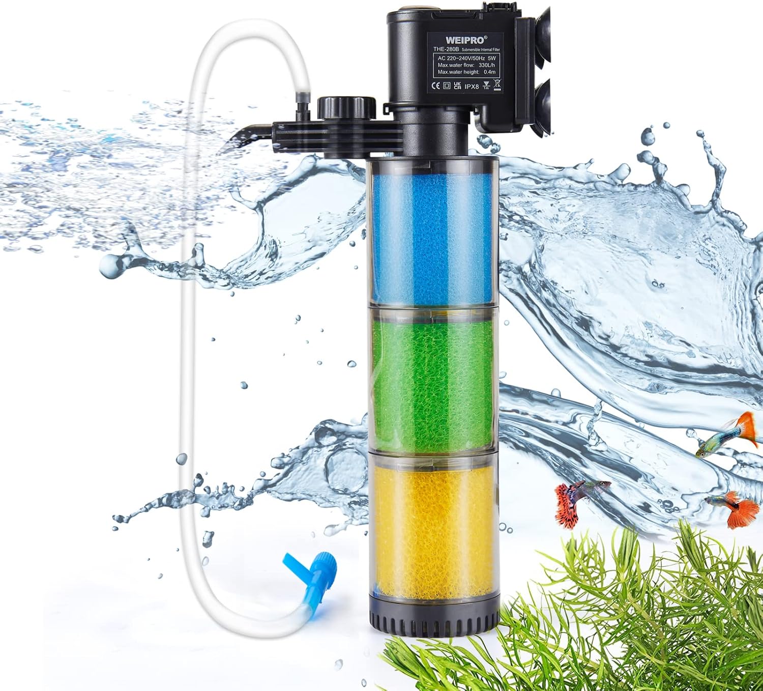 Weipro Internal Fish Tank Filter with 3-Stage Filtration, Transparent Filter Cartridges, 5W Adjustable Submersible Aquarium Filter Pump for 50~120 Liters Tropical Fish Tank, TH280B(330L/H)