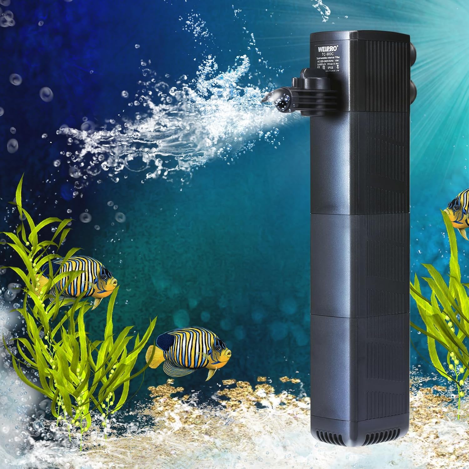 Internal Fish Tank Filter with 3-Stage Biochemical Sponge Filtration, Strong Suction, 10W Adjustable Water Flow Submersible Aquarium Filter Pump for 60l ~ 120l Tropical Fish Tank, TC-900C(600L/H)