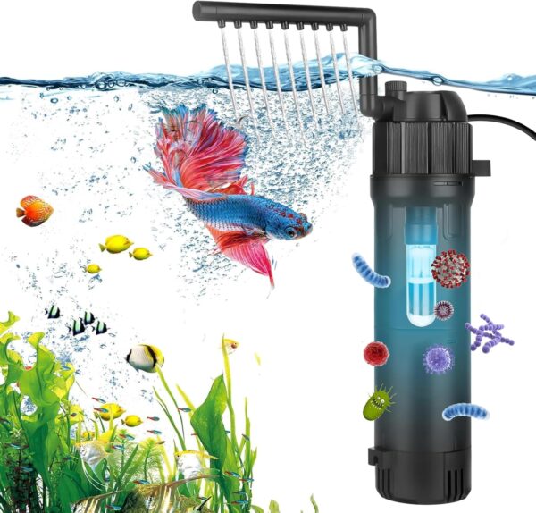 AUPERTO 5W Fish Tank Filter, 500L/H Internal Aquarium filter with UV Steriliser Ultra Quiet, Flow Rate and Direction Adjustable Submersible Filter for Turtle, Pond Fish, Garden