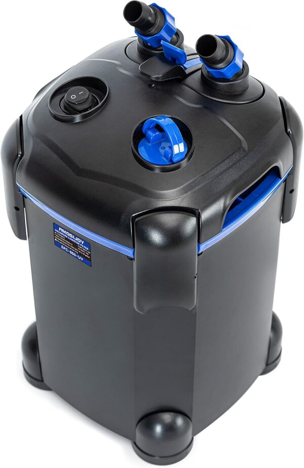 AMOSIJOY 2-Stage Canister Filter, Ultra-Quiet External Aquarium Filter with UV Sterilizer and Free Media for Large Fish Tanks and Aquariums (225GPH)
