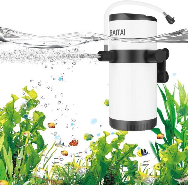 BAITAI Fish Tank Filter, Adjustable 600L/H Fish Tank Filter Pump with Dual Water Outlet,8W Aquarium Filter Quiet Operation for 15-100L Tanks