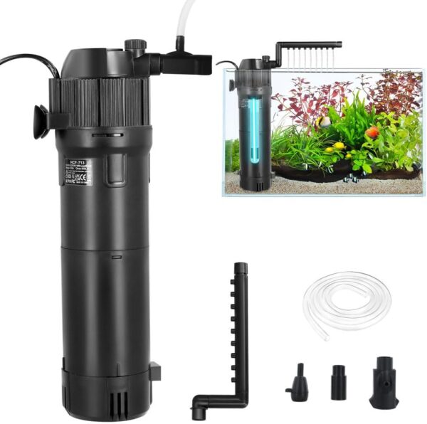 Fish Tank Filter, 650L/H 6W Internal Aquarium Filter Pump with UV Germicidal Lamp, Filtration, Oxygenation, Water Purification for Small Aquariums, Turtle Tanks, Fish Tanks