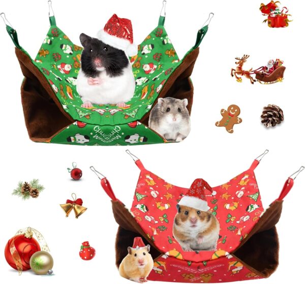 Hileyu 2PCS Small Pet Cage Hammock 2 Layer Hamster Hanging Bed Christmas Tree Snowman Rat Hammocks Guinea Pig Cage Accessories Rabbit Hamster Guinea Pig Rabbit Squirrel(Red and Green)