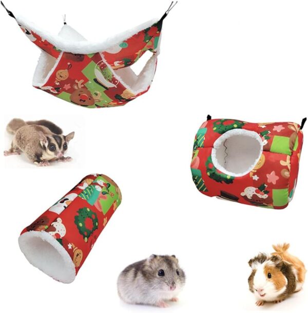 KIPETTO 3Pcs Small Pet Hamster Hammock Set Christmas Design Guinea Pig Rat Cage Accessories for Rabbit Squirrel Playing Sleeping, Red