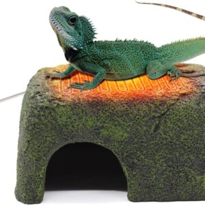 MECESOR Reptile Heating Hide Cave, Gecko Hide Cave Hiding Place Decor Rock, with Heated Basking Platform, Resin Reptile Cave for Lizard, Snake, Turles, Reptiles Amphibians and Small Animals