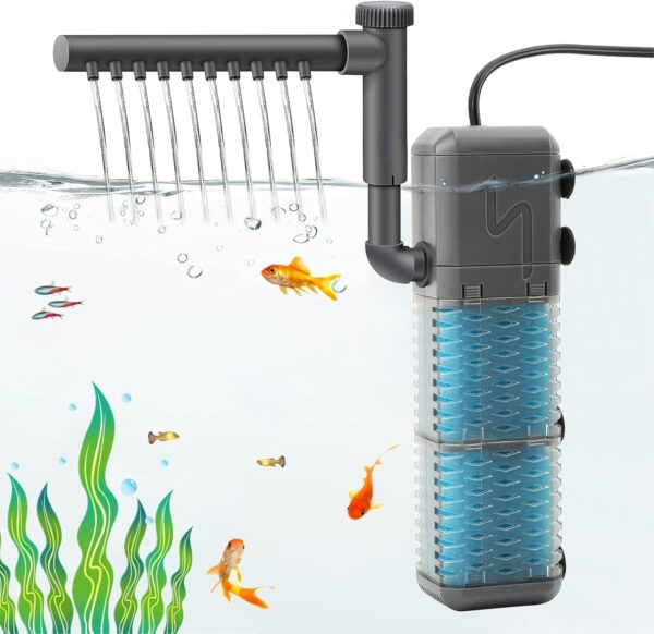 OhhGo Fish Tank Filter, Adjustable Fish Tank Pump, Internal Aquarium Filter Pump, 4-in-1 Circulating Filtration, High and Low Rain Spraying, and Pumping, for Small Tank Up to 120L