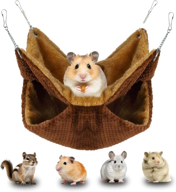 Pet Cage Hammock,Hanging Animal Hammock Winter Warm Hamster Hammock Small Pets Double-Layer Hanging Bed,Fleece Pet Bedding Supplies for Hamster Chinchilla Squirrel Guinea Pigs Parrot (Coffee Colour)