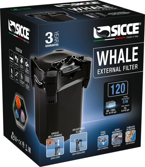Sicce Whale 120 Aquarium Canister Filter 140 GPH | Ultra-Quiet External Aquarium Multi-Stage Filtration Filter for Both Freshwater and Saltwater Fish Tanks & Aquariums | Self Priming Quick Disconnect