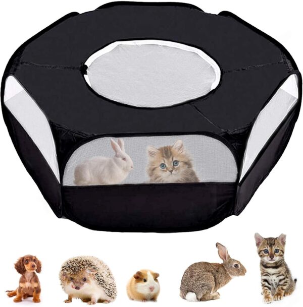 Small Animals Cage Tent, Lightweight and Foldable Pet Playpen,Outdoor/Indoor Exercise Fence for Hamsters,Guinea Pig,Rabbit,Rat,Cats(Black with Cover)