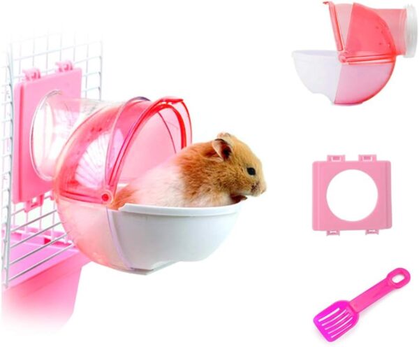 WishLotus Hamster Sand Bathroom, 3Pcs Detachable Plastic Hamster Sand Bath Container Small Pet Bathtub Extermal Toilet with Shovel and Cage Accessory for Hamster Guinea Pig Gerbil (Pink)