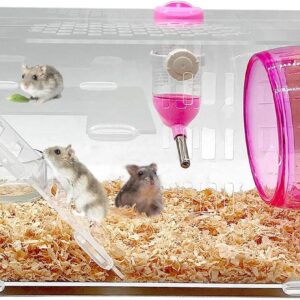 kathson Dwarf Hamster Cage Transparent Hamsters Cages and Habitats Small Animal Gerbils Acrylic Cage Cute Mini Pet Habitat with Accessories Exercise Wheel Water Bottle Food Bowl for Little Hamsters