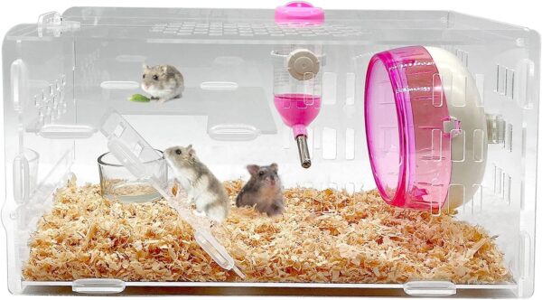 kathson Dwarf Hamster Cage Transparent Hamsters Cages and Habitats Small Animal Gerbils Acrylic Cage Cute Mini Pet Habitat with Accessories Exercise Wheel Water Bottle Food Bowl for Little Hamsters